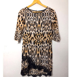 FXJC WOMAN Summer Leopard Animal Print Lace 3/4 Sleeve Brown Black Size S Blouse